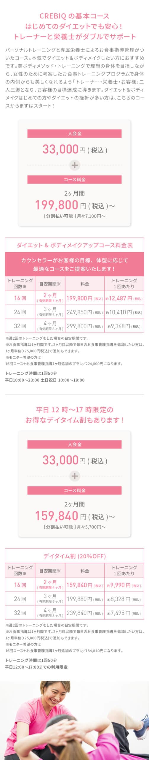 CREBIQの基本コースはじめてのダイエットでも安心！トレーナーと栄養士がダブルでサポート